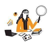 Vector image with a white woman with big glasses and long dark hair in an orange sweater. She holds up a huge magnifying glass and is surrounded by a laptop, books, and other scholarly items.