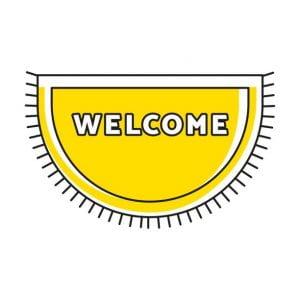 A cartoon drawing of a welcome mat. It's a half circle and is yellow.